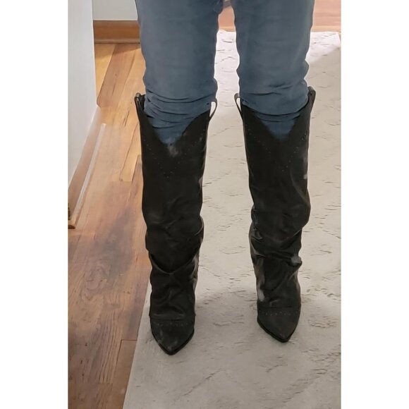 🆕Women's1 Black Polyurethane Studded Fold Over Knee High Cowgirl Slouch Boot - Picture 2 of 9